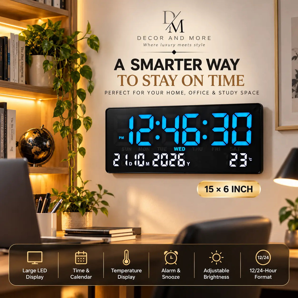 Large LED Digital Wall Clock with Date, Day, Temperature & Alarm – JH-15 × 6 Inch