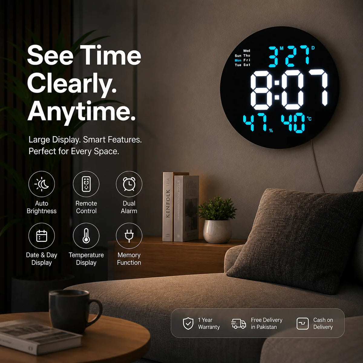 11-Inch Round Electronic Digital Wall Clock With Remote Control – Smart LED Display & Temperature
