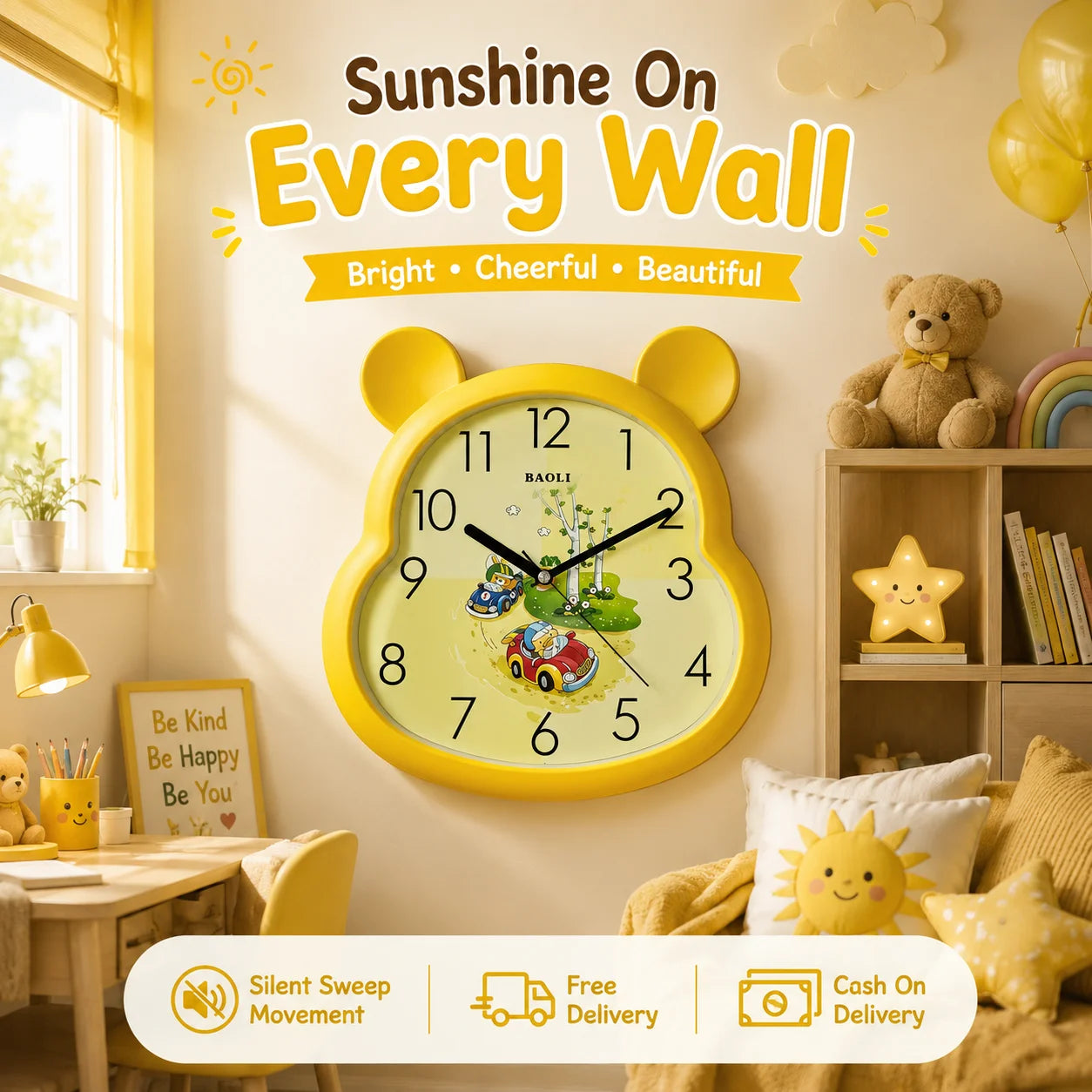 Cartoon Wall Clock for Kids – Colorful & Silent