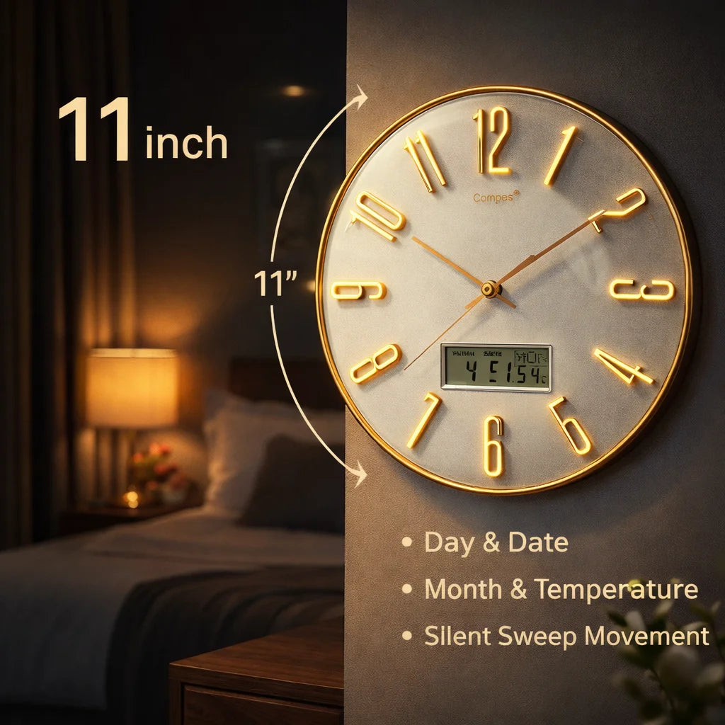 COMPAS Brand | 11 Inch | Day & Date |3D Digits Wall Clock.