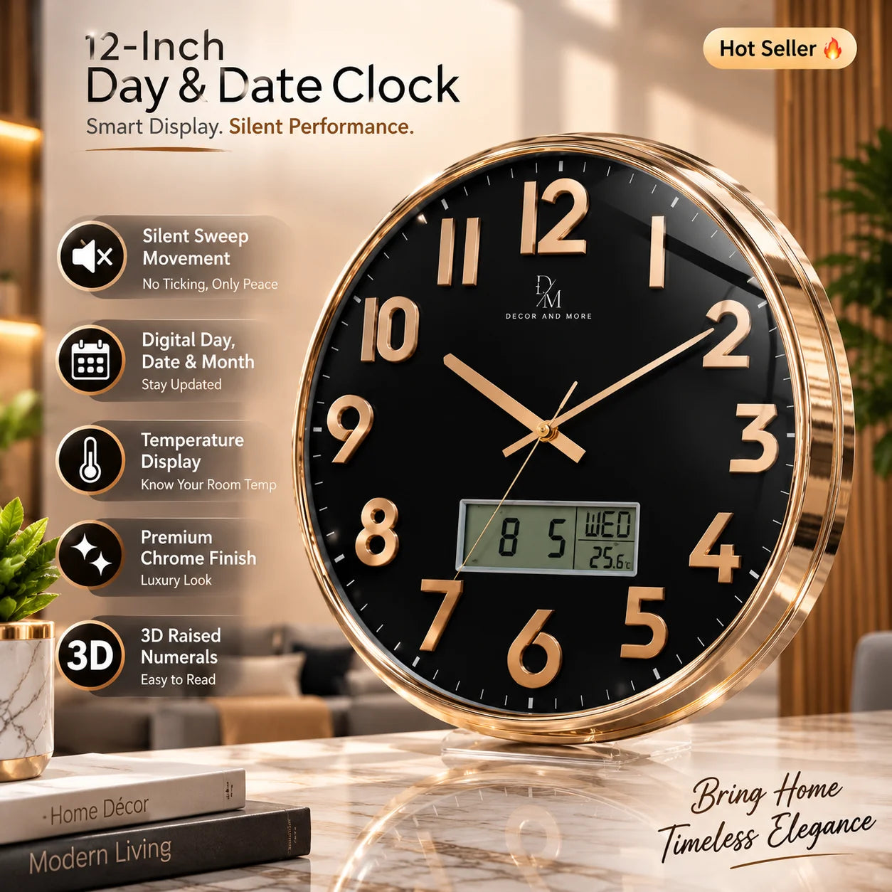 12 Inch Day & Date Wall Clock by DECOR AND MORE
