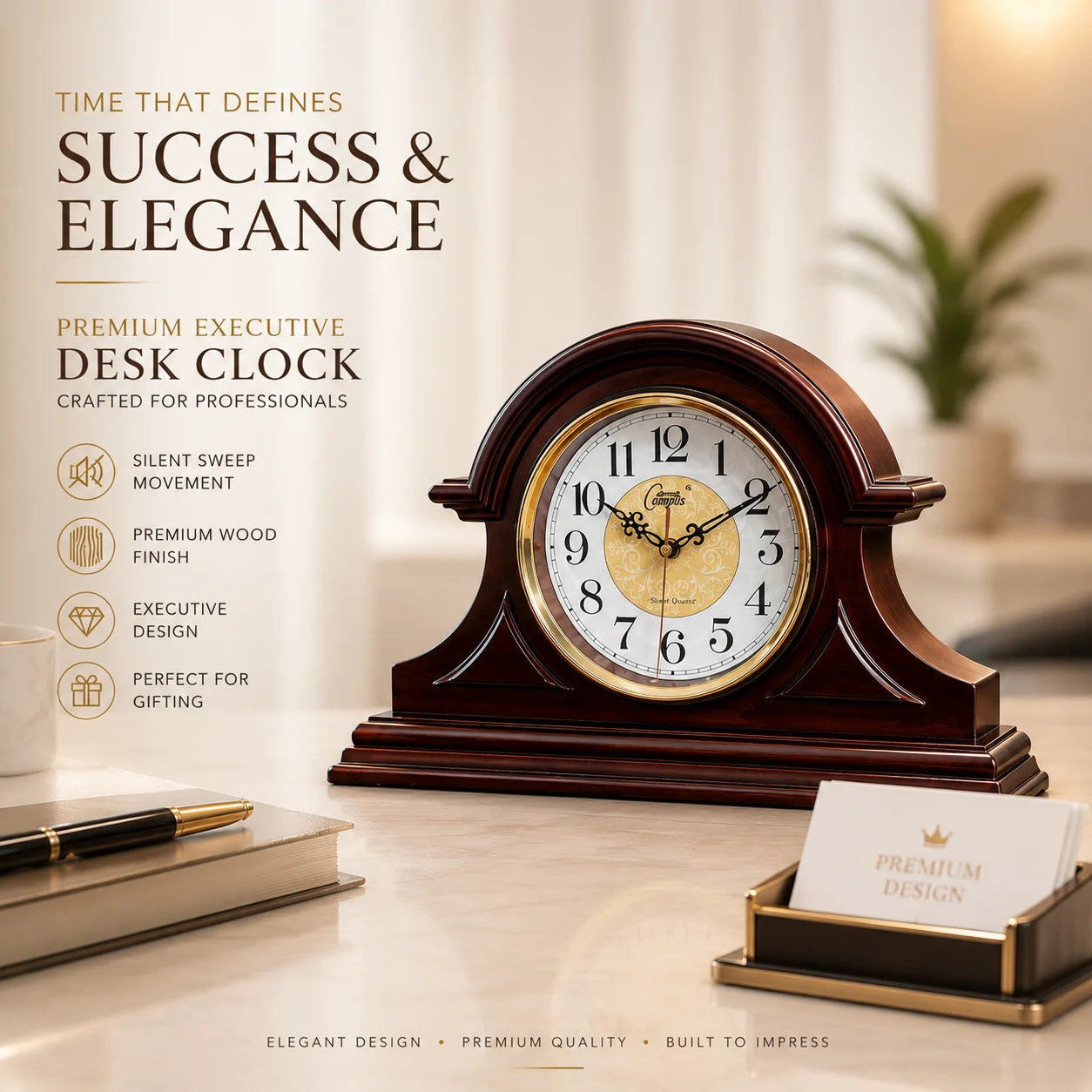Premium Executive Desk Clock – Luxury Wood Finish Table Clock For Office & Gifting