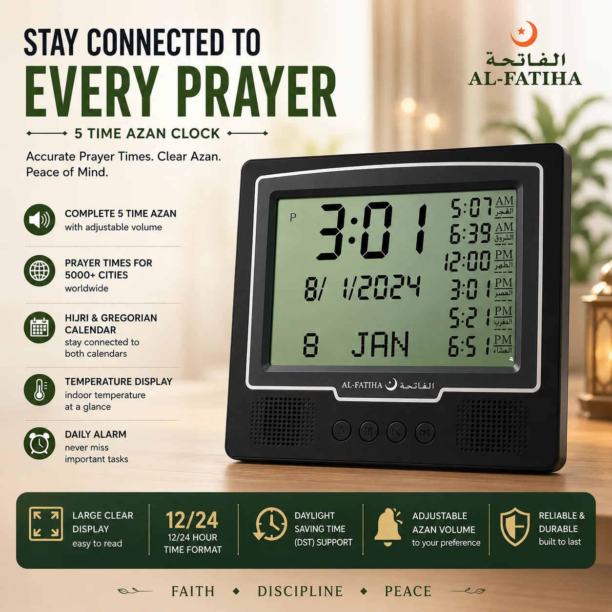 AL-FATIHA 5 Time Azan Wall Clock | Automatic Prayer Times | Hijri & Gregorian Calendar