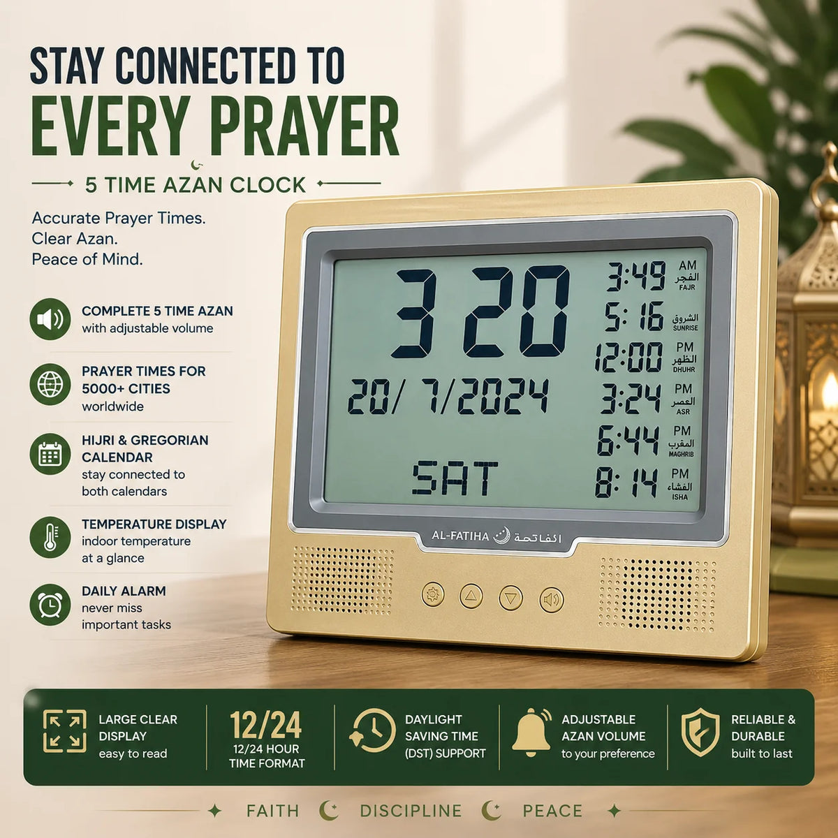 AL-FATIHA 5 Time Azan Wall Clock | Automatic Prayer Times | Hijri & Gregorian Calendar