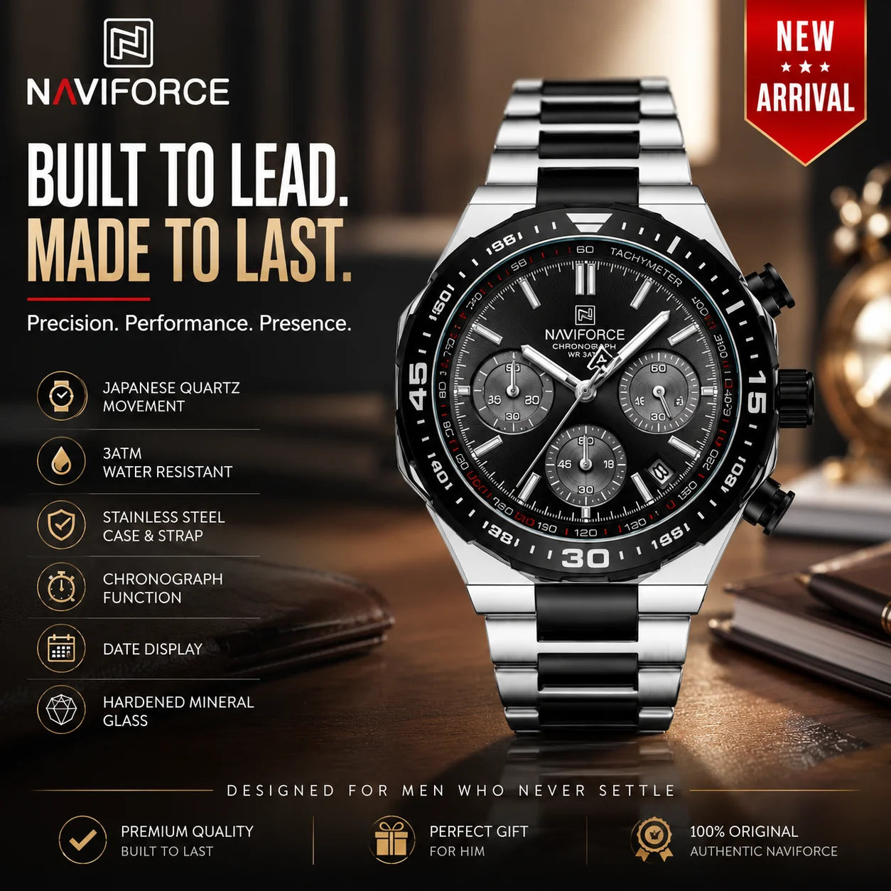 NAVIFORCE NF8049 Men's Quartz Chronograph Watch | 42mm Stainless Steel | 30M Waterproof | Luxury Sports Watch