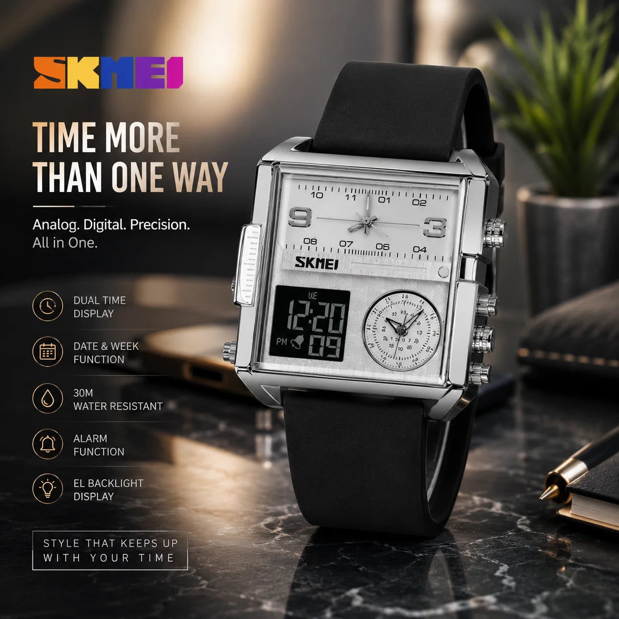 SKMEI 1584 Men's Analog Digital Watch | Triple Time Display | 30M Water Resistant | Business Sports Watch