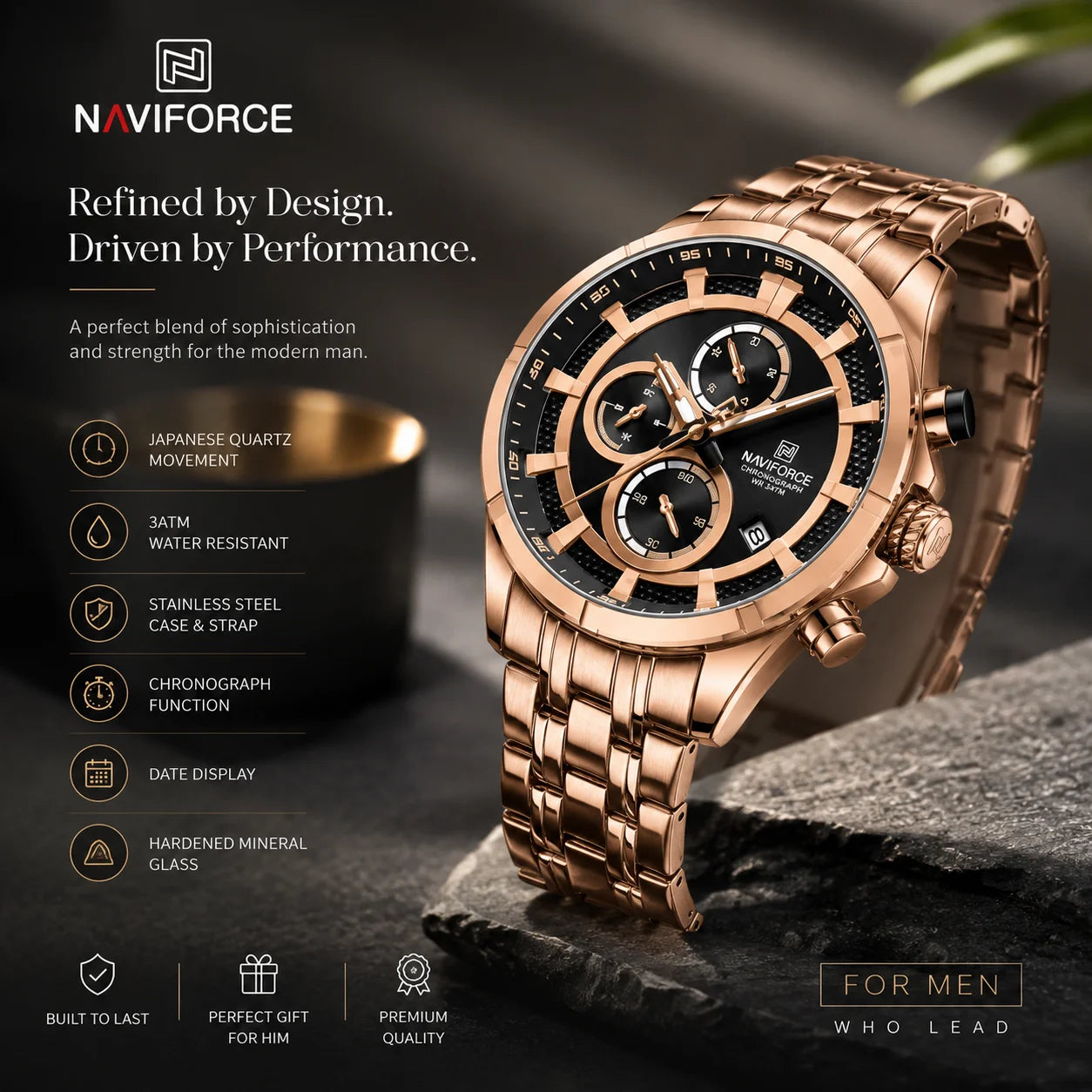 NAVIFORCE NF8046 Men's Quartz Chronograph Watch | 44mm Stainless Steel | 30M Waterproof | Luxury Business Watch