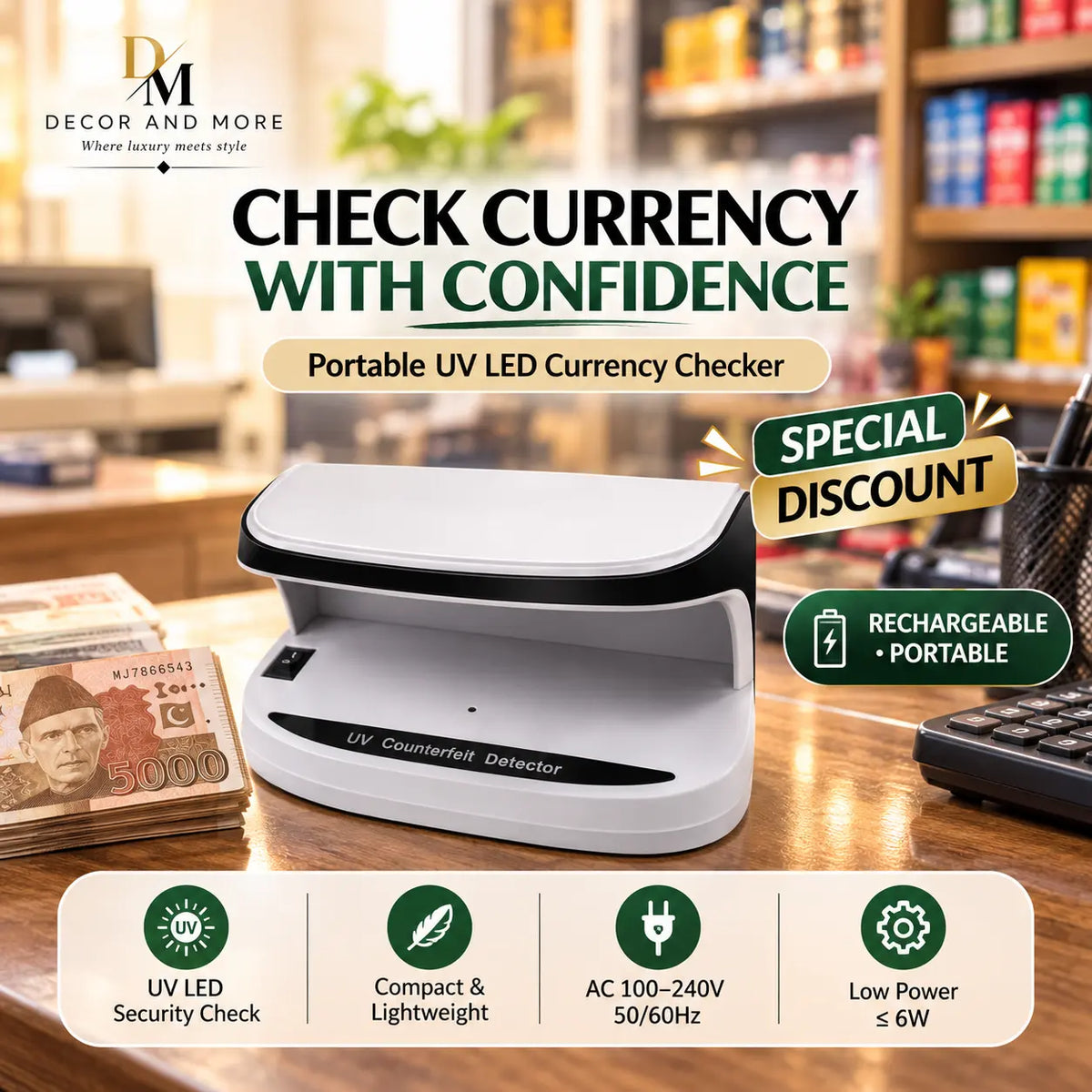 Currency Checker Machine – Portable Rechargeable Fake Note Detector
