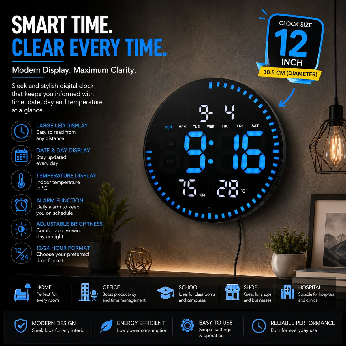 12"LED Electronic Digital Wall Clock | Time, Date, Temperature & Alarm Display