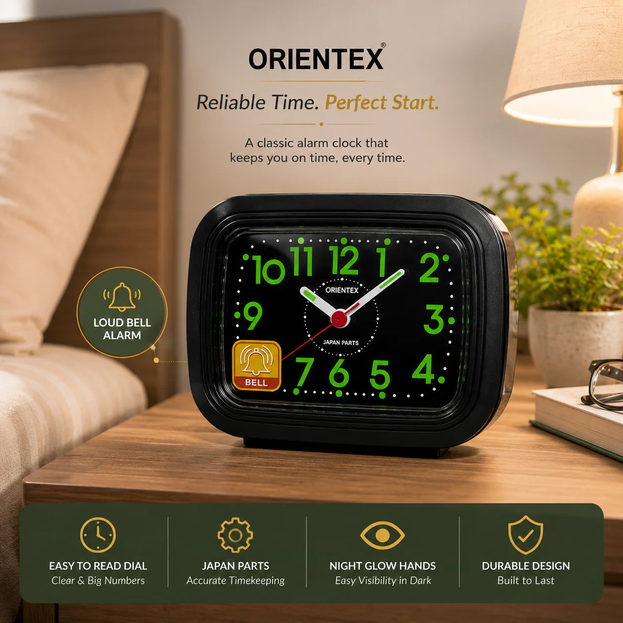 ORIENTEX Table Alarm Clock | Analog Desk Clock with Loud Bell Alarm