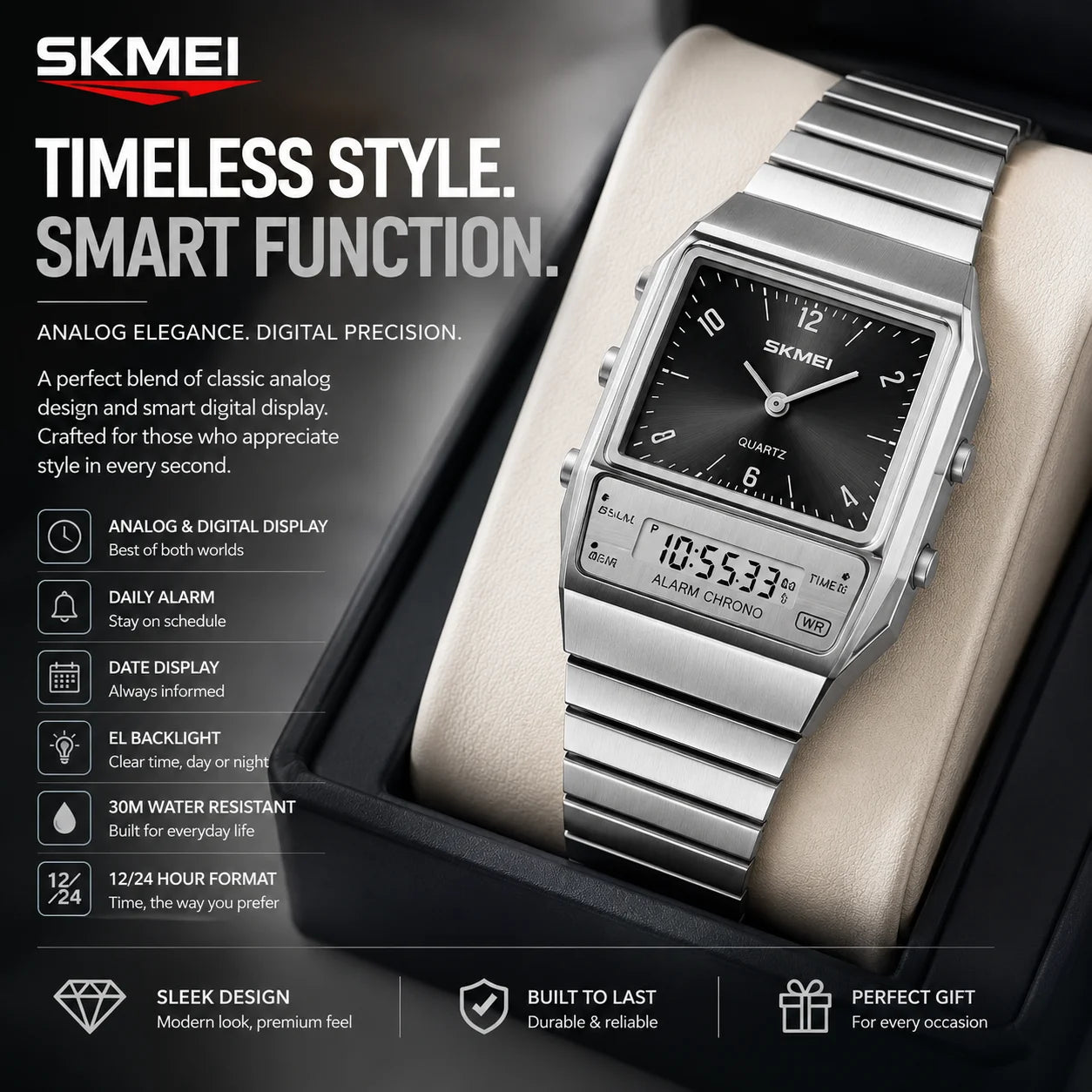 SKMEI 2632 Analog Digital Watch for Men | Dual Time | Stainless Steel | 30M Water Resistant