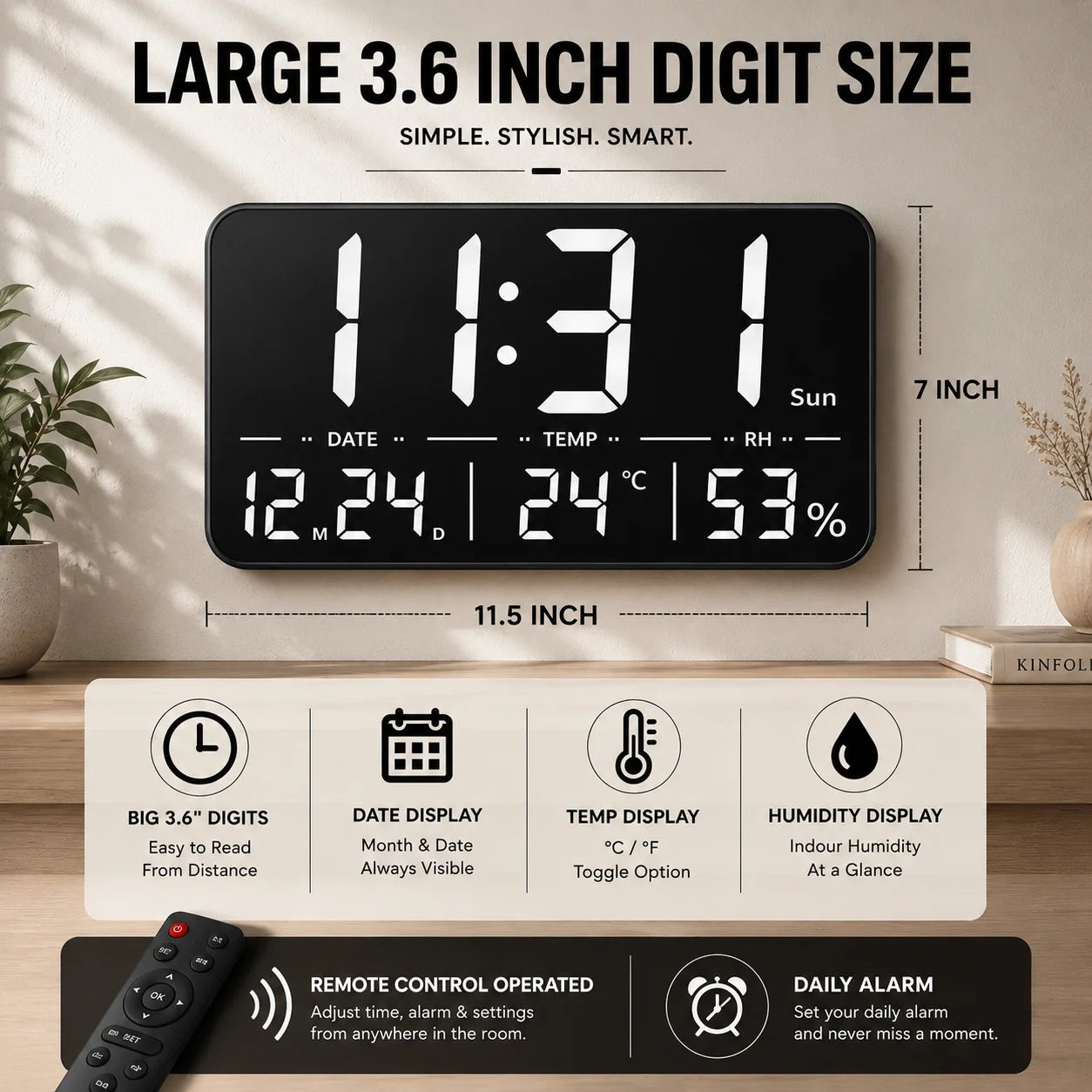 11.5 Inch Digital Wall Clock with Remote Control, Daily Alarm & Temperature Display
