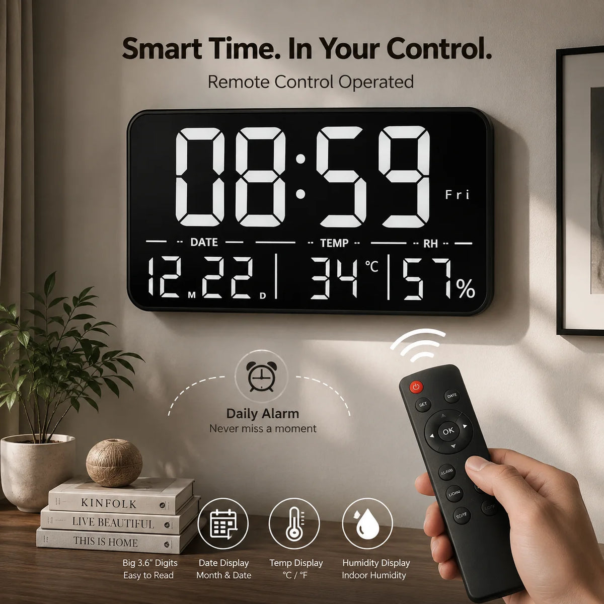 11.5 Inch Digital Wall Clock with Remote Control, Daily Alarm & Temperature Display
