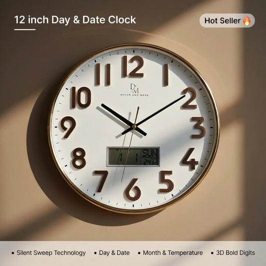12 Inch Day & Date Wall Clock by DECOR AND MORE