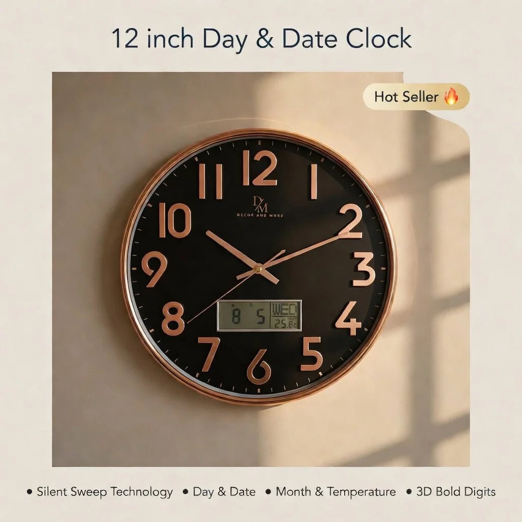 12 Inch Day & Date Wall Clock by DECOR AND MORE