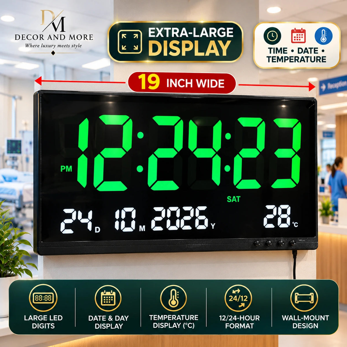 19-Inch Big Display Digital Wall Clock with Date & Temperature Display