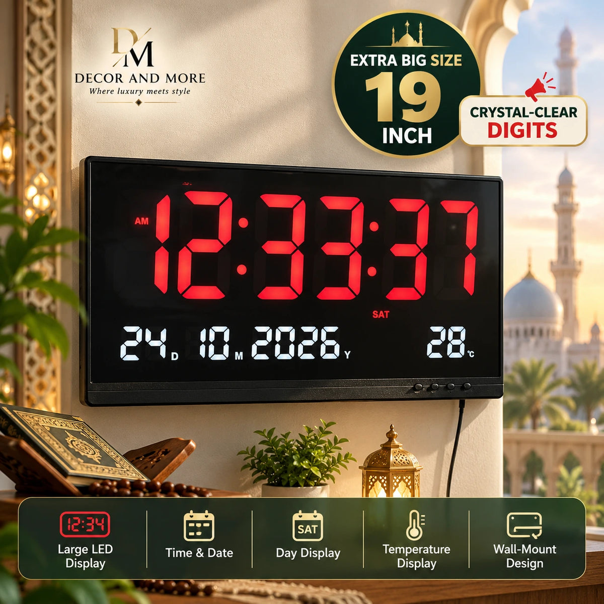 19-Inch Big Display Digital Wall Clock with Date & Temperature Display
