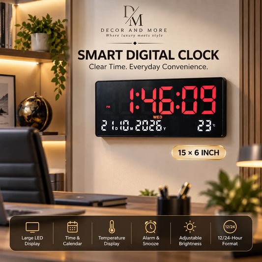 Large LED Digital Wall Clock with Date, Day, Temperature & Alarm – JH-15 × 6 Inch