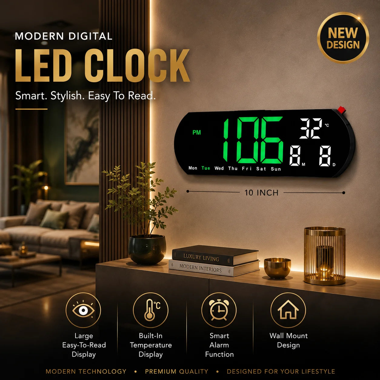 10” Smart Digital LED Clock – Alarm, Temperature & Large Display