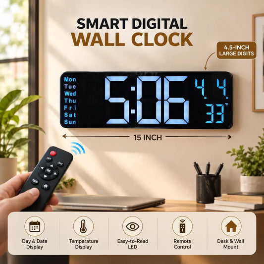 15-Inch Electronic Digital Wall Clock With Remote Control – Large LED Display & Smart Features