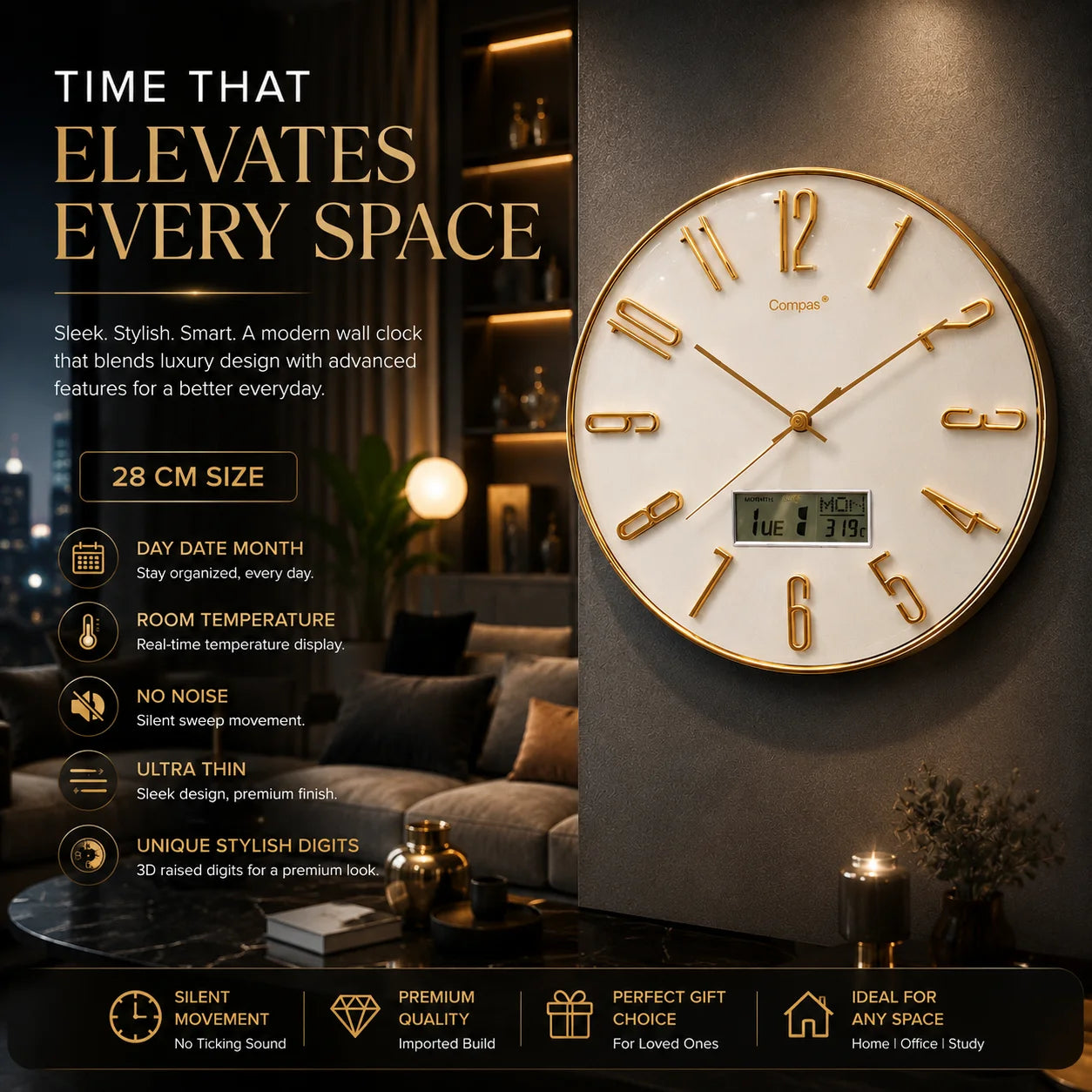 COMPAS Brand | 11 Inch | Day & Date |3D Digits Wall Clock.