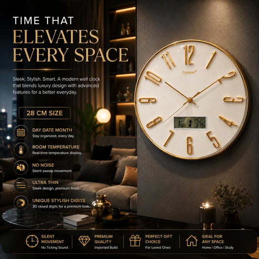 COMPAS Brand | 11 Inch | Day & Date |3D Digits Wall Clock.