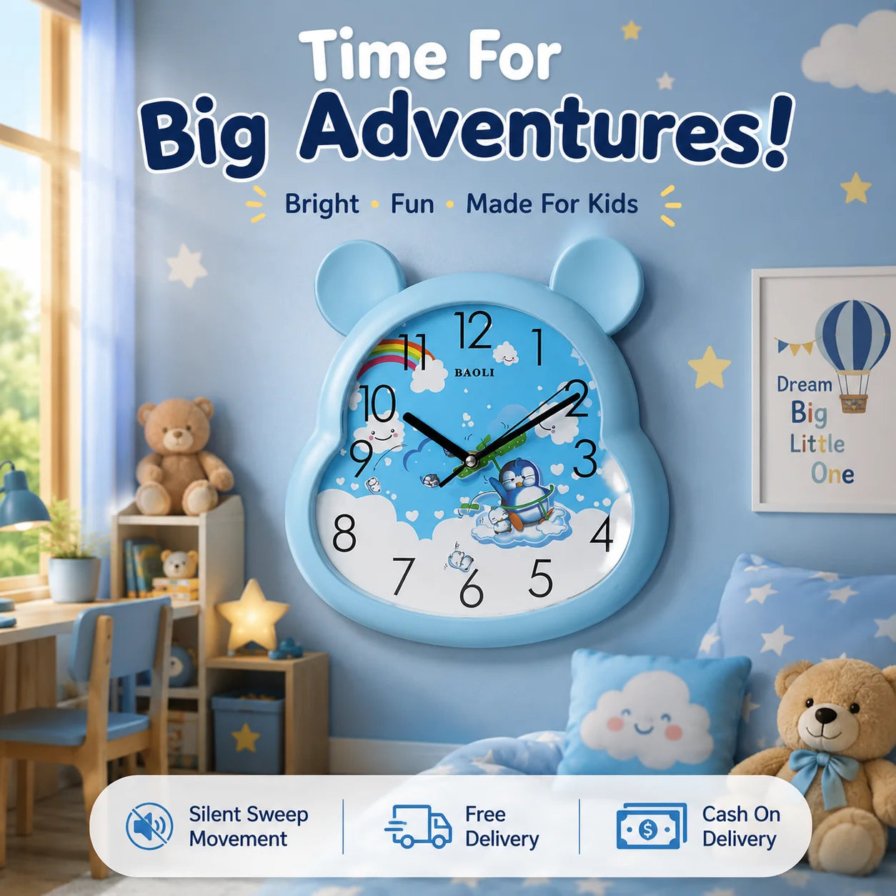 Cartoon Wall Clock for Kids – Colorful & Silent
