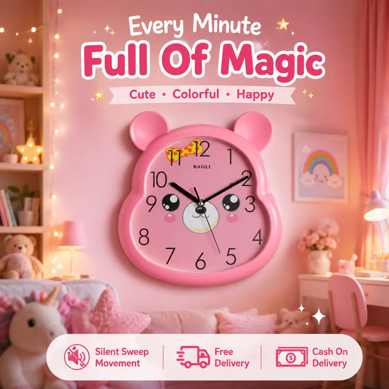 Cartoon Wall Clock for Kids – Colorful & Silent