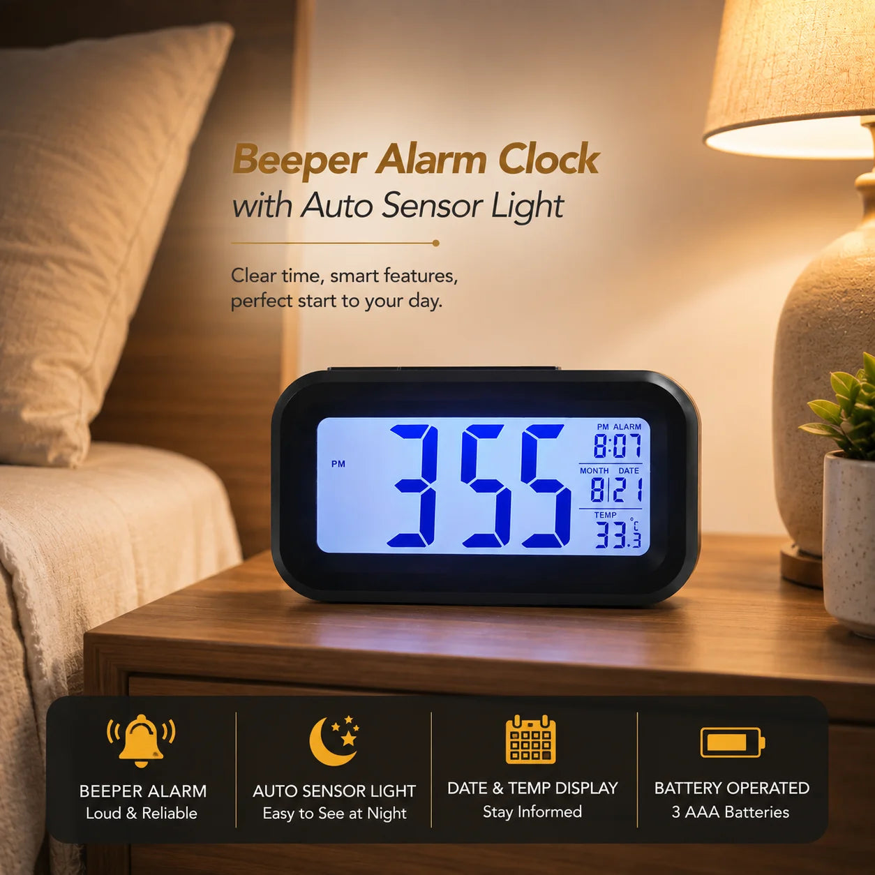 Digital Table Alarm Clock with Night Sensor, Snooze, Date, Temperature & Beeper Daily Alarm