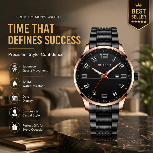 CURREN 8411 Men's Quartz Watch | Rose Gold Black Stainless Steel Business Watch