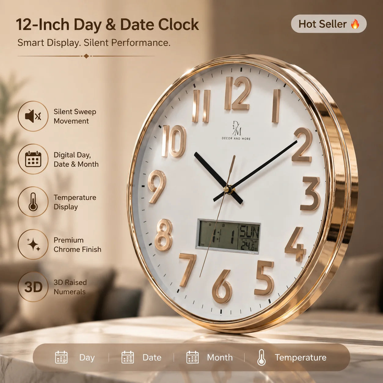 12 Inch Day & Date Wall Clock by DECOR AND MORE