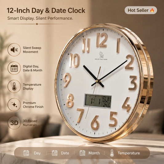 12 Inch Day & Date Wall Clock by DECOR AND MORE