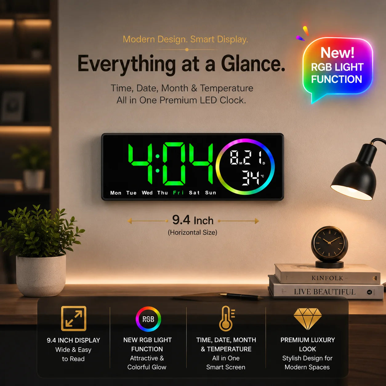 Digital LED Clock with RGB Circle Light | Time, Date, Month & Temperature