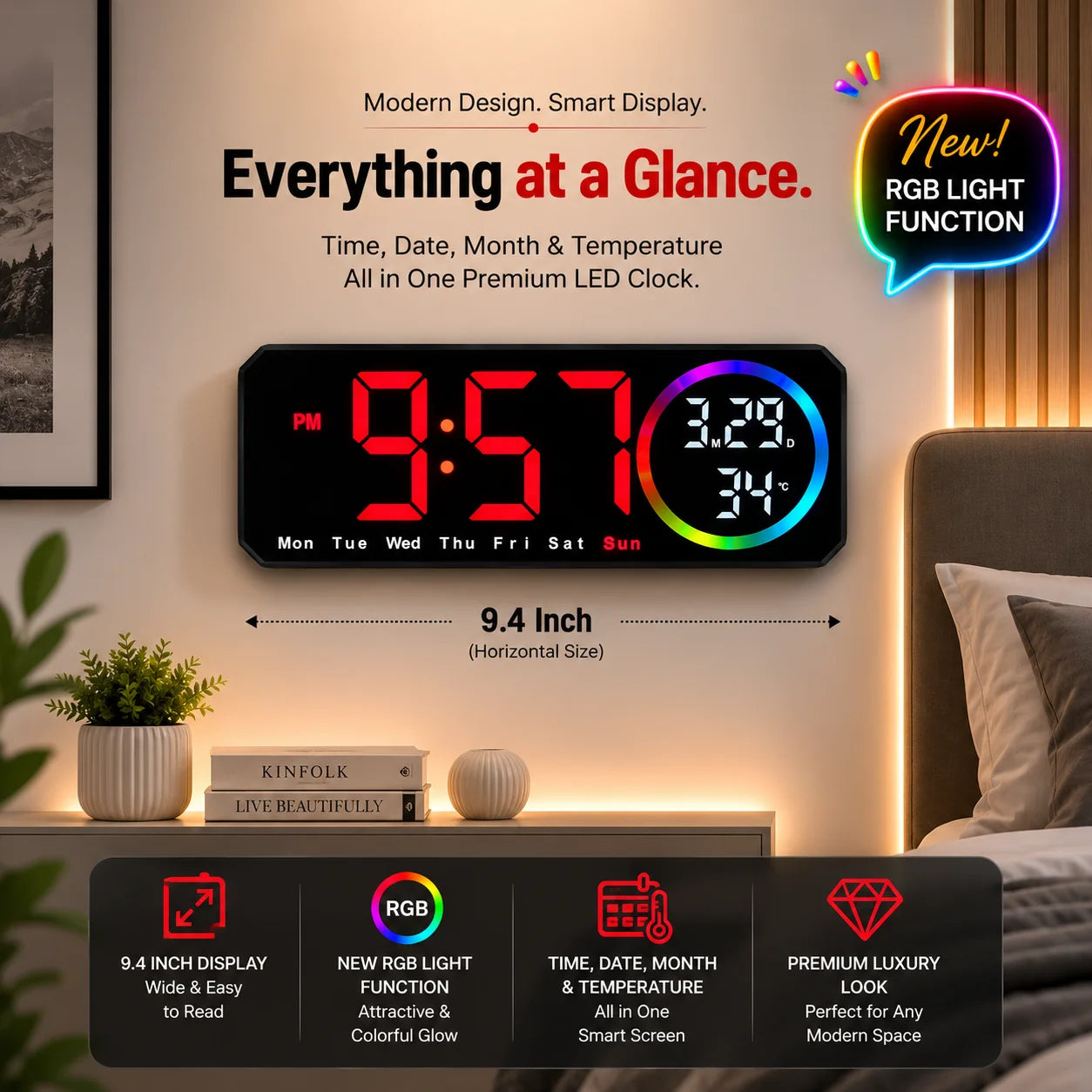 Digital LED Clock with RGB Circle Light | Time, Date, Month & Temperature