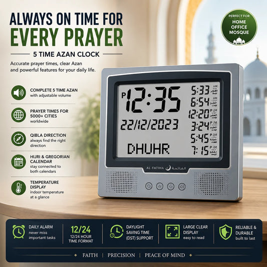 AL-FATIHA 5 Time Azan Wall Clock | Automatic Prayer Times | Hijri & Gregorian Calendar