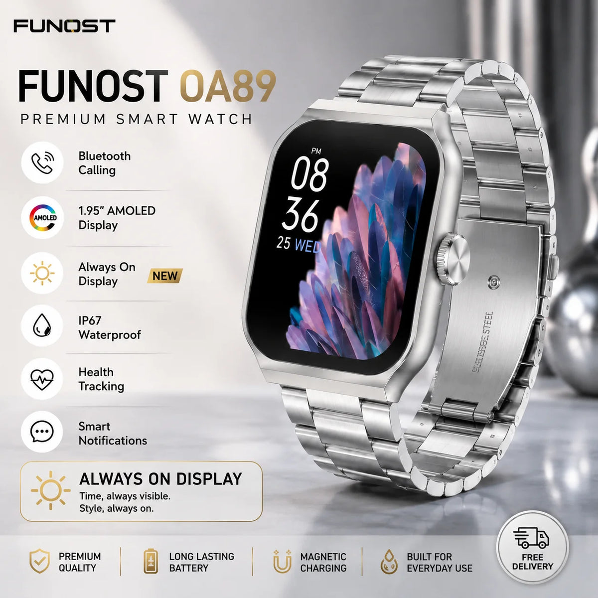 Original FUNOST Smart Watch – AMOLED Display, Sapphire Glass, IP67 Waterproof | Premium Edition