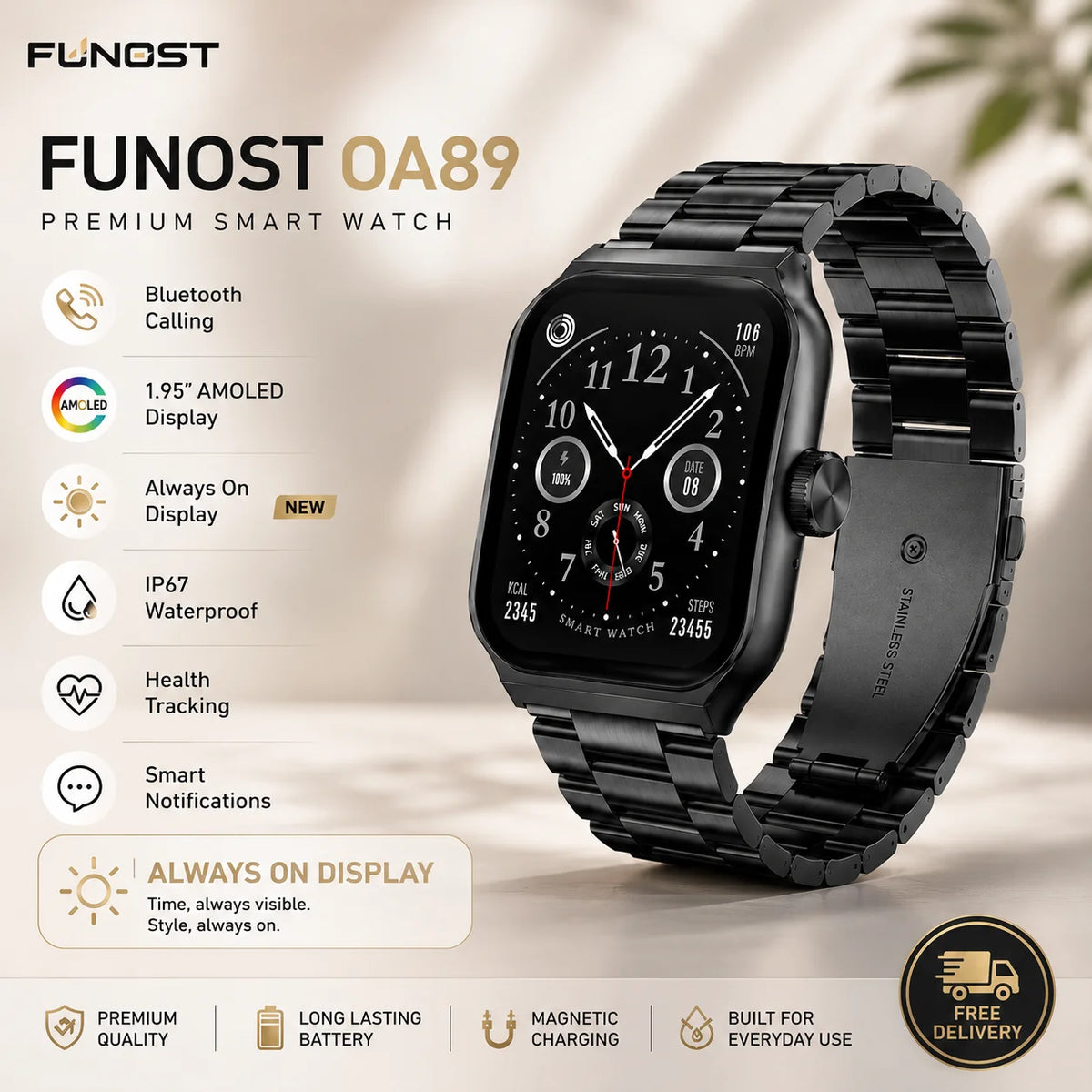 Original FUNOST Smart Watch – AMOLED Display, Sapphire Glass, IP67 Waterproof | Premium Edition