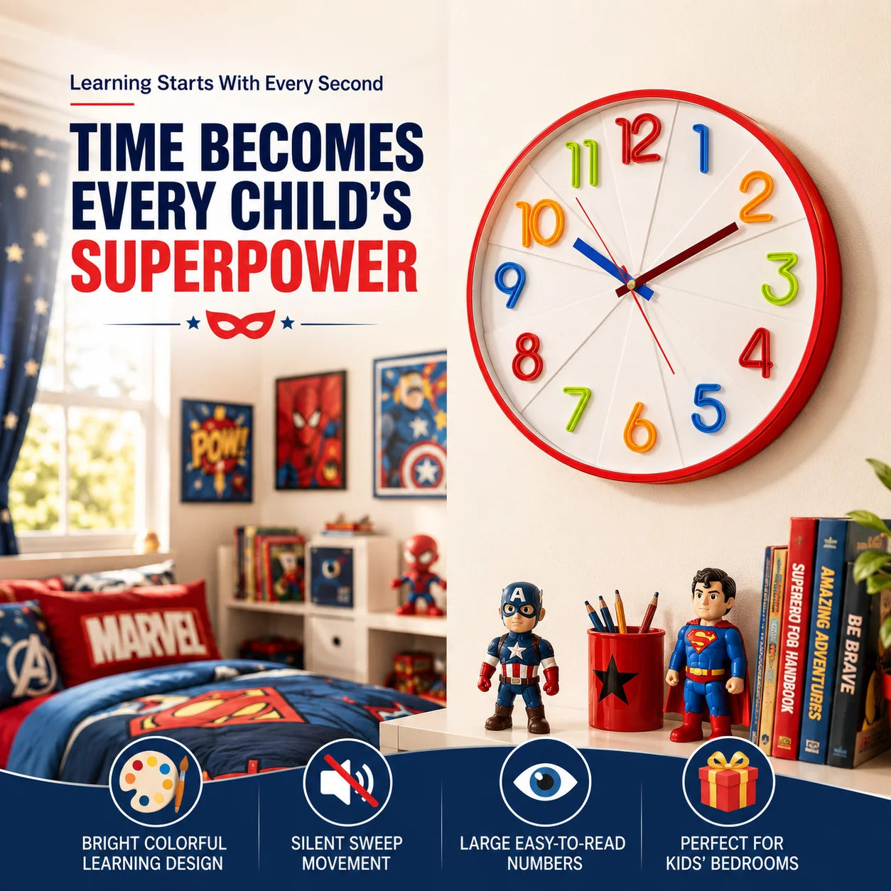 12-Inch Adorable Kids' Wall Clock In 3 Exciting Colors