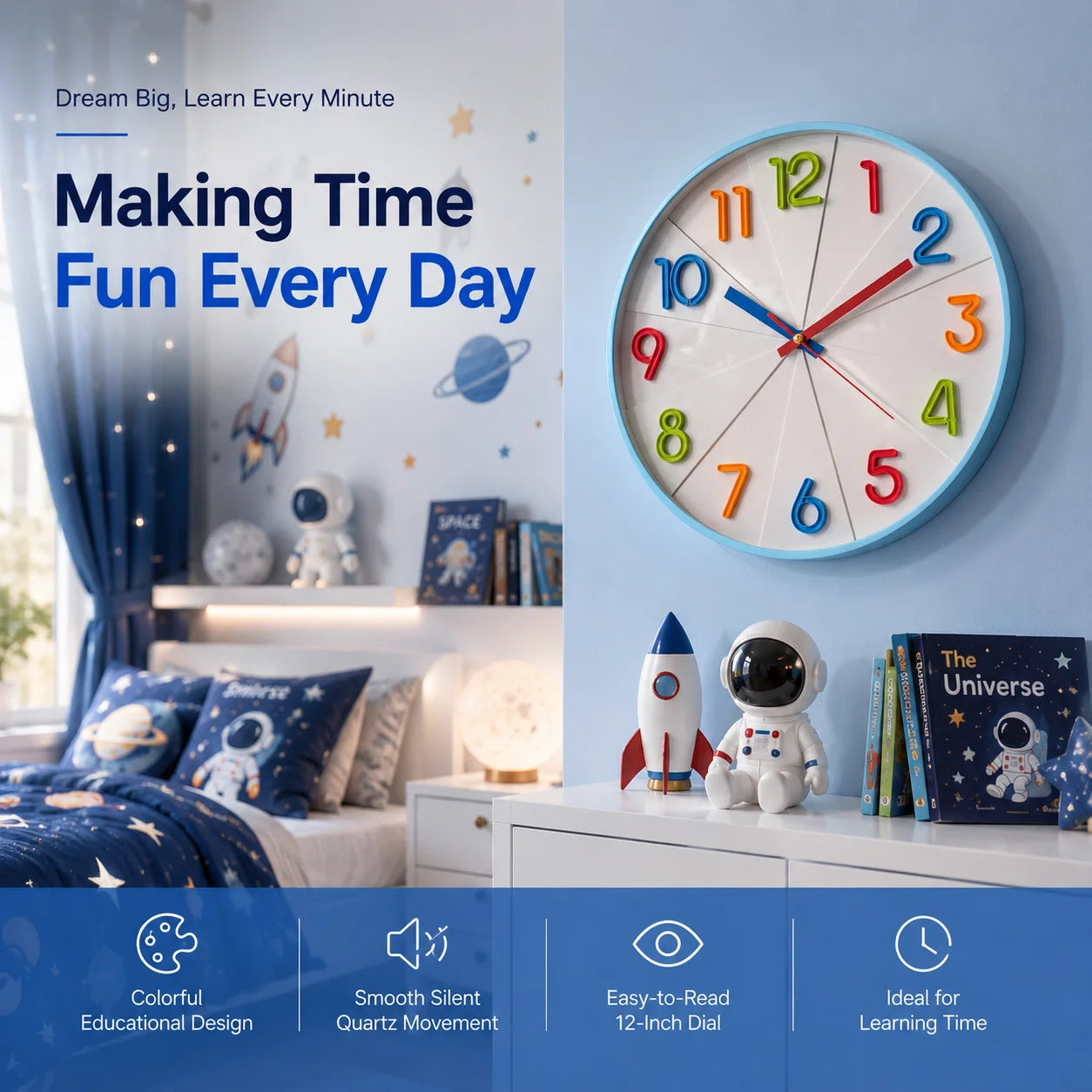 12-Inch Adorable Kids' Wall Clock In 3 Exciting Colors