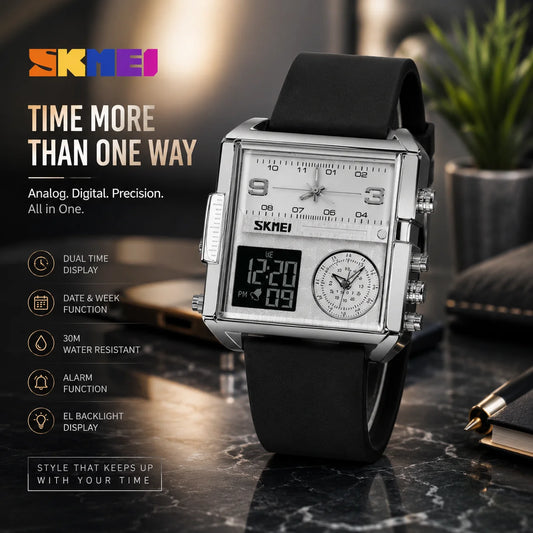 SKMEI 1584 Men's Analog Digital Watch | Triple Time Display | 30M Water Resistant | Business Sports Watch