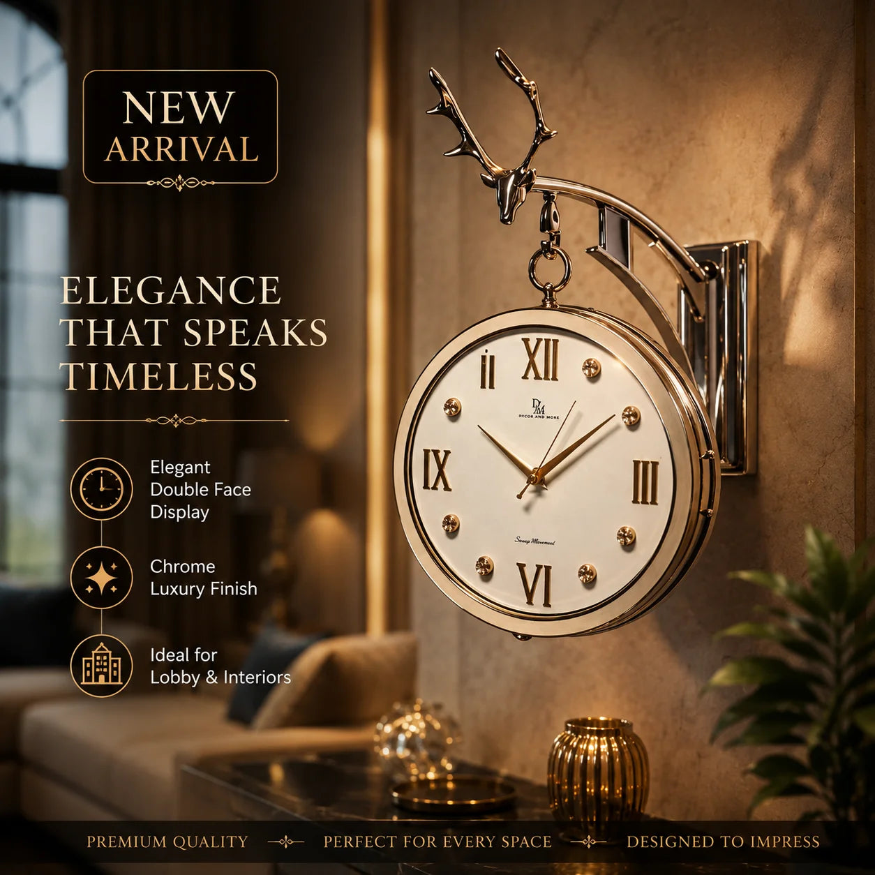 Decor And More Signature Luxury Double-Sided Wall Clock – 12 Inch, 360° Rotating Premium Design