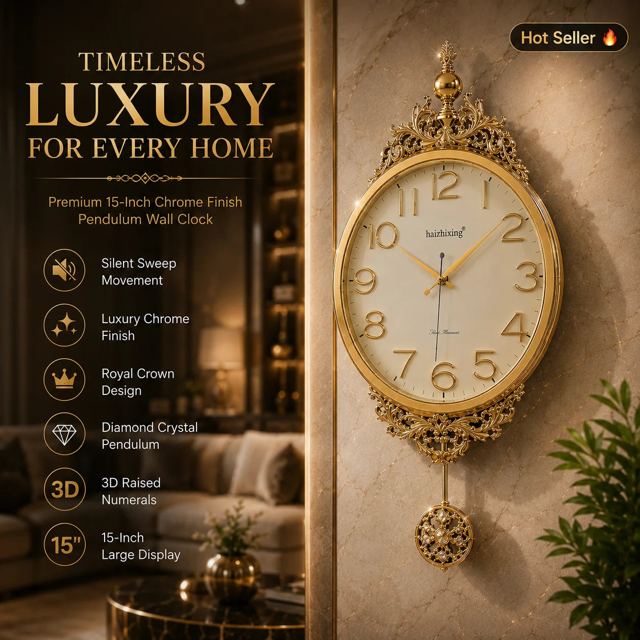 15" Chrome Finish Pendulum Wall Clock with Royal Crown
