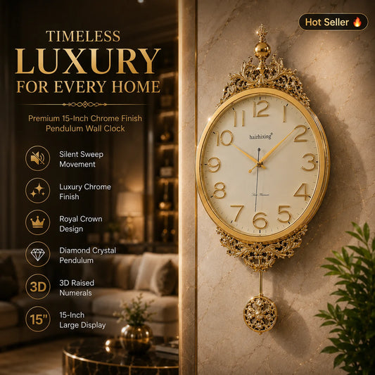 15" Chrome Finish Pendulum Wall Clock with Royal Crown