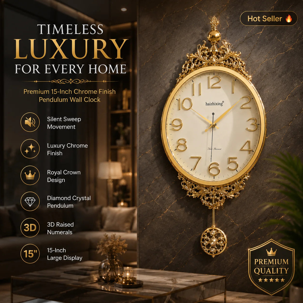 15" Chrome Finish Pendulum Wall Clock with Royal Crown