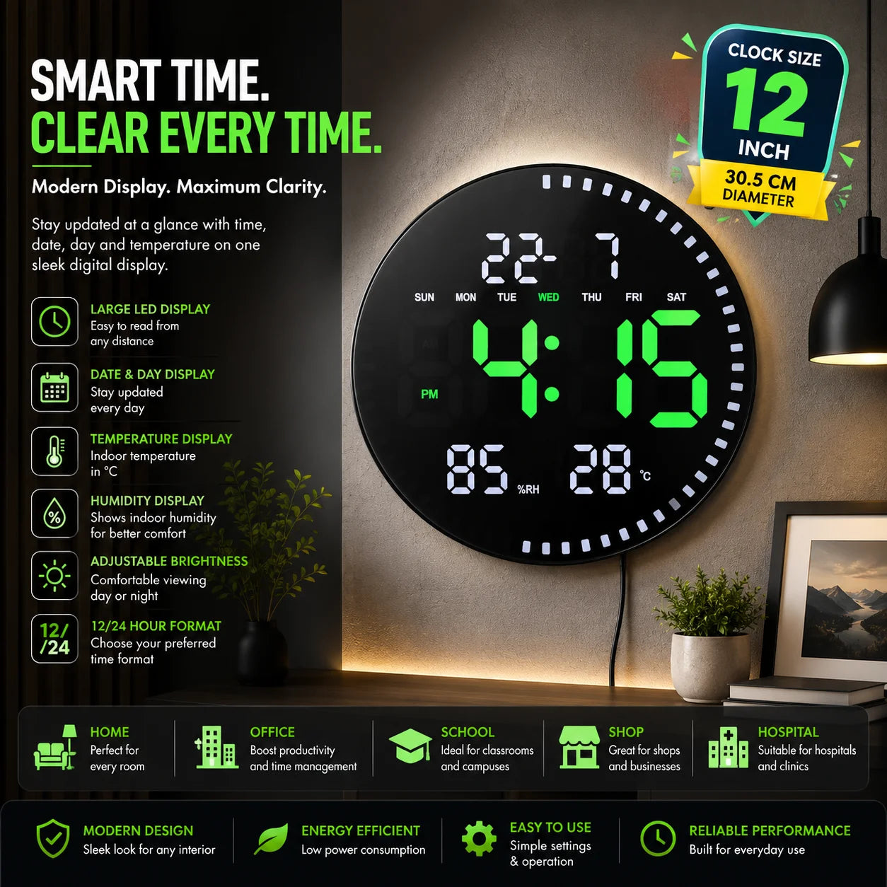 LED Electronic Digital Wall Clock | Time, Date, Temperature & Alarm Display