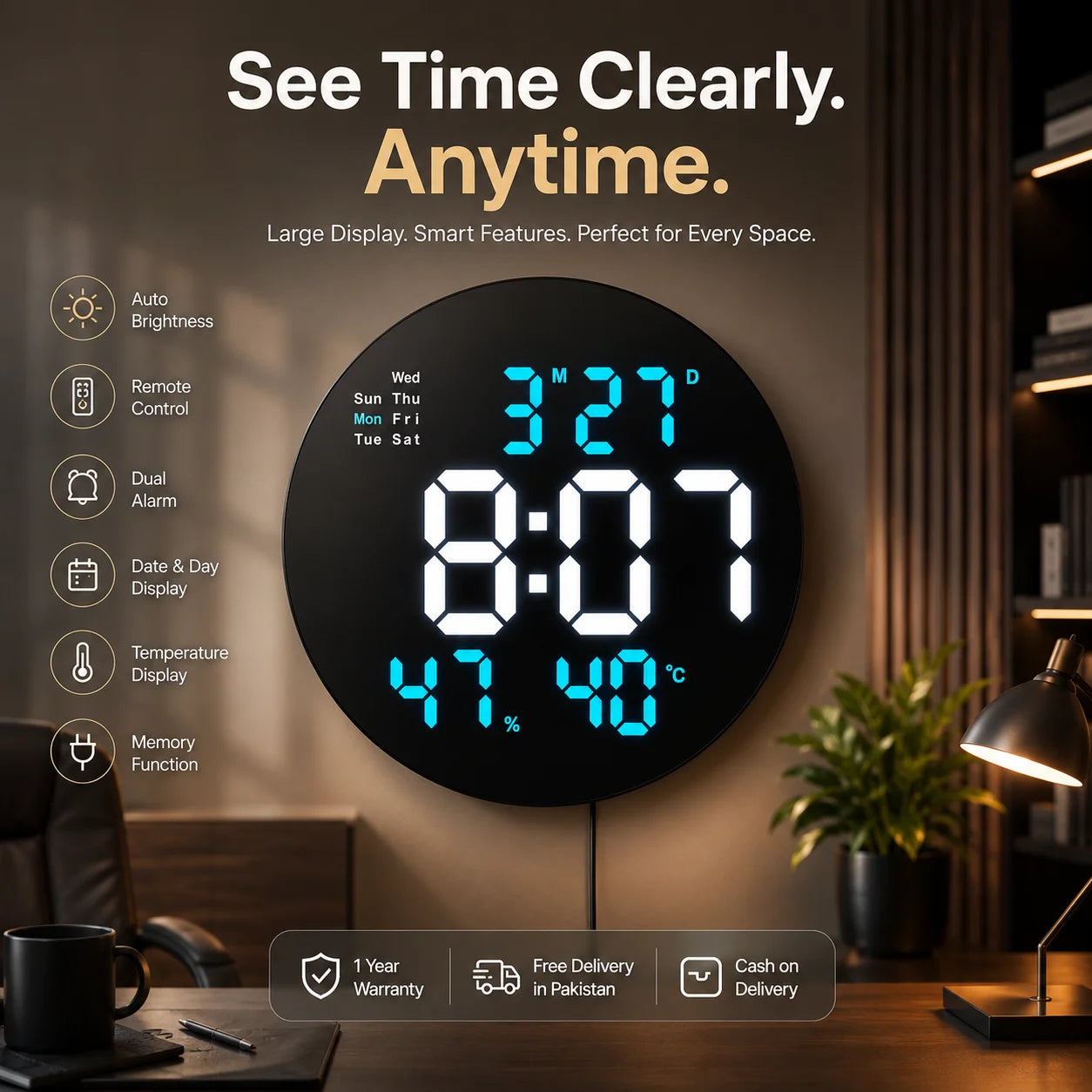 11-Inch Round Electronic Digital Wall Clock With Remote Control – Smart LED Display & Temperature