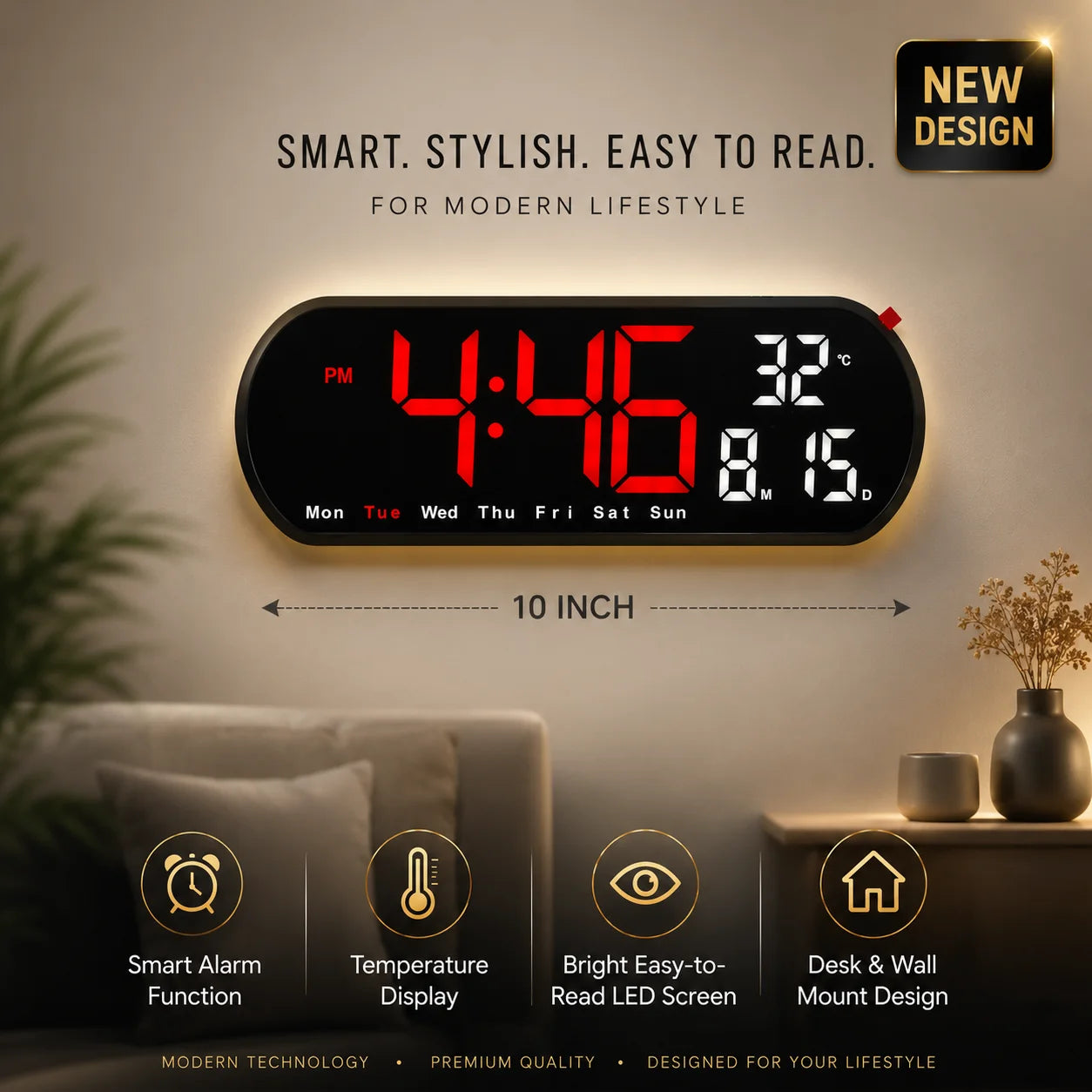 10” Smart Digital LED Clock – Alarm, Temperature & Large Display