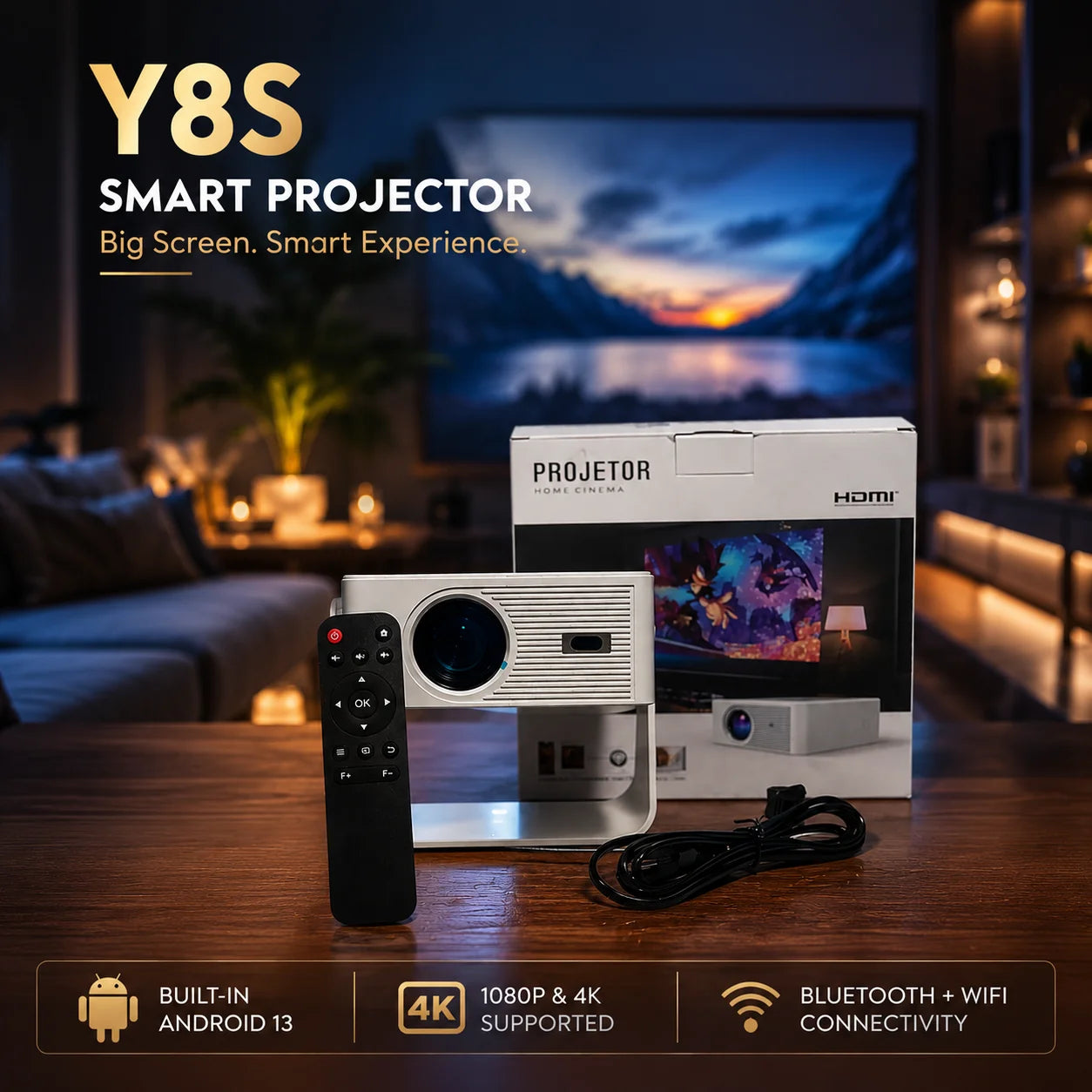 Y8S Mini Smart Projector – 4K Support, Android 13 & 360° Ceiling Projection