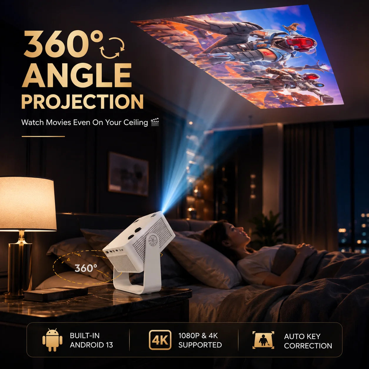Y8S Mini Smart Projector – 4K Support, Android 13 & 360° Ceiling Projection