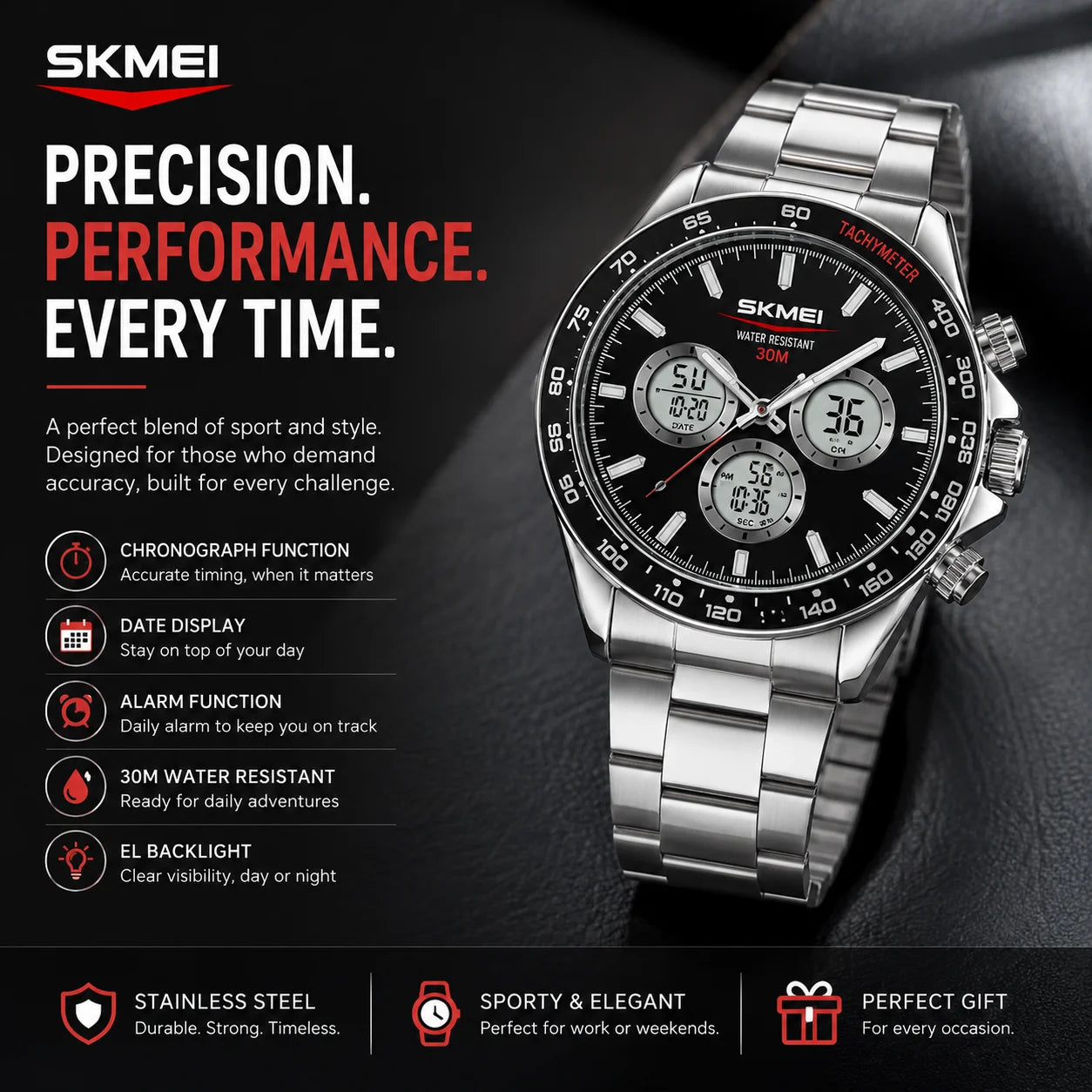 SKMEI 2505 Men's Analog Digital Watch | Stainless Steel | 30M Water Resistant